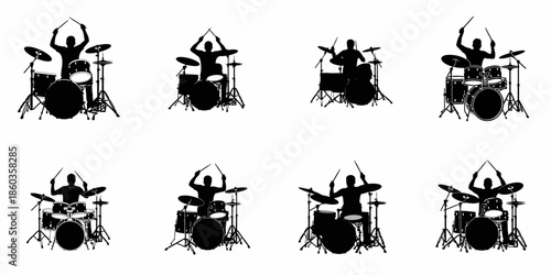Dynamic Black Drummer Silhouettes Set Vector Illustration: A Collection of Eight Musicians Playing Drum Kits in Live Performance Poses
