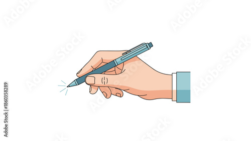 Hand holding a pen writing or signing document illustration.