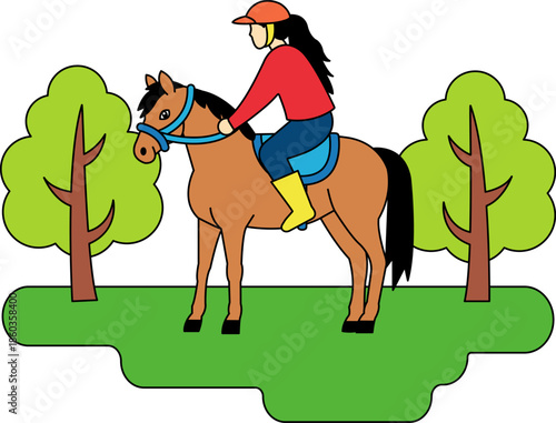 A girl is riding a horse in a forest