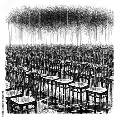 Many empty chairs arranged in rows under gloomy gray rain  