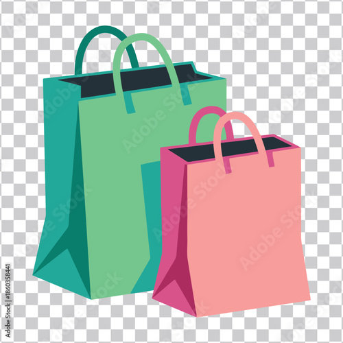 Colorful graphic illustration of two stylish shopping bags, one vibrant green and one soft pink, symbolizing consumerism, successful retail marketing campaigns, and positive purchasing experiences