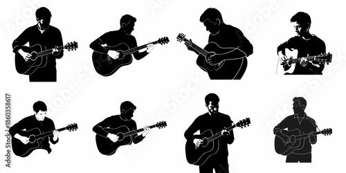 Eight black silhouette vectors of male musicians playing acoustic guitars in various poses, isolated on a white background, perfect for music graphics.