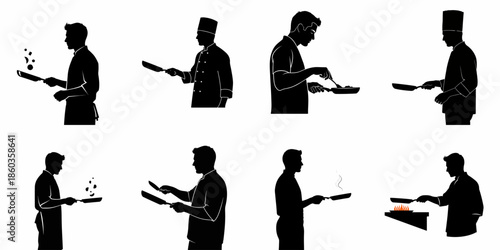 Black silhouette set of professional chefs and cooks using frying pans for cooking and flipping food, isolated vector illustration collection.