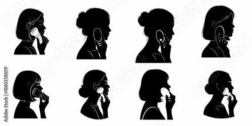 Women's Silhouettes: Facial Skincare Routine using Modern Electronic Beauty Massagers and Cleansing Devices in Black and White Vector Illustration.