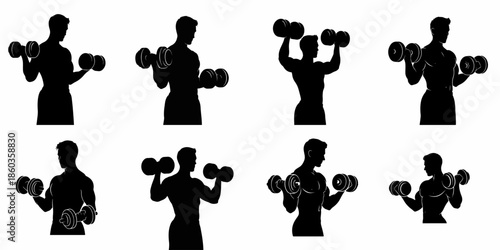 Set of eight black silhouettes depicting a muscular man performing various dumbbell exercises for fitness, strength training, and bodybuilding.