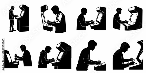 Vector silhouette set of people playing classic retro arcade machines, featuring various poses and gaming styles with joysticks and buttons.