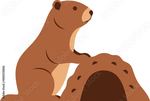 Cute brown bear sitting by cozy burrow on white background