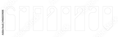 Hotel door label vector set with die cut tag icons for hanging on knob or handle. Cardboard flyer design template for room signs including do not disturb and welcome tag mockups