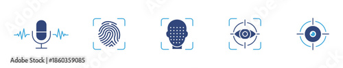 Biometric Security Icons Set, Voice Recognition and Face ID Symbols, Digital Identification Concept, Vector Illustration