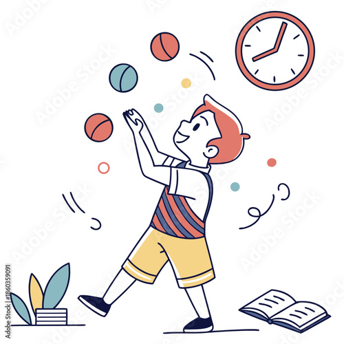Boy Juggling Balls Near Clock and Open Book