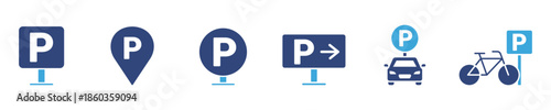 Parking Icons Set, Car and Bicycle Parking Signs Symbols, Location Navigation Concept, Vector Illustration