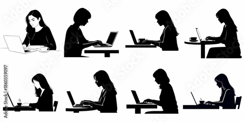 Minimalist Vector Set of Women Working on Laptops: Silhouettes and Line Art for Remote Work, Business, and Technology Concepts.