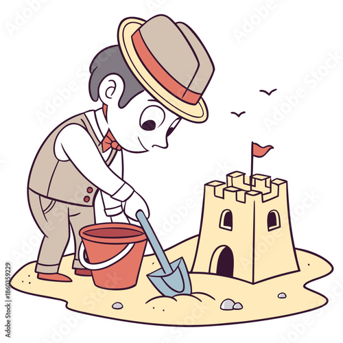 Boy building sandcastle at the beach with bucket and shovel