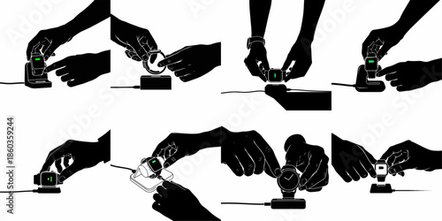 Smartwatch charging process sequence illustration set: hands connecting and detaching digital and analog smartwatches from various charging docks and magnetic cables.