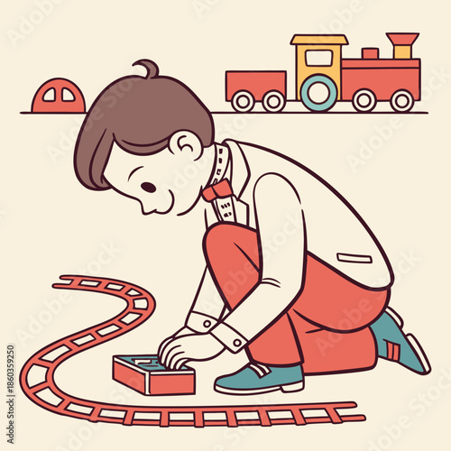 Boy Building Toy Train Tracks and Train
