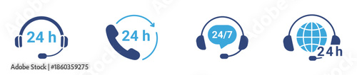 24 Hour Support Icons Set, Customer Service and Hotline Assistance Symbols, Call Center Help Concept, Vector Illustration