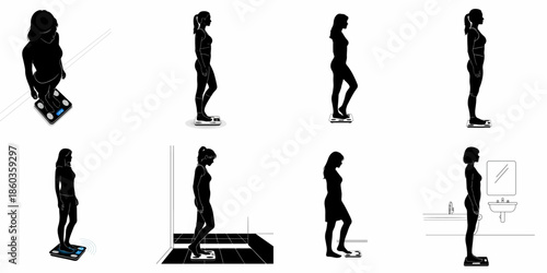 Eight Vector Silhouettes of Women Using Digital Scales for Weight Measurement, Diet Monitoring, and Fitness Tracking.