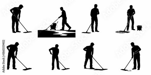 A collection of silhouette illustrations depicting men cleaning floors, mopping, and performing janitorial duties with buckets and mops.
