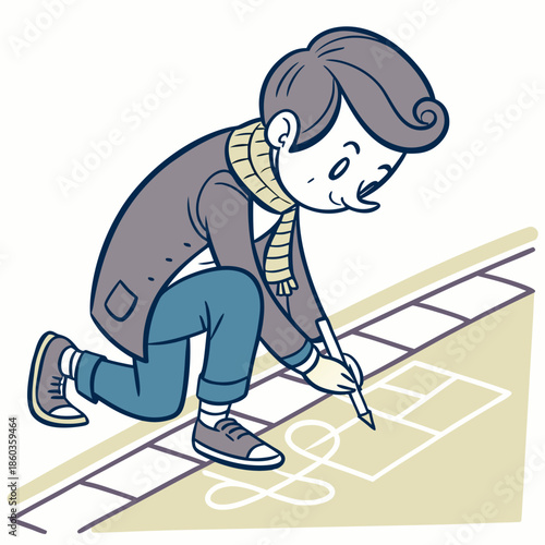 Boy drawing hopscotch game on sidewalk