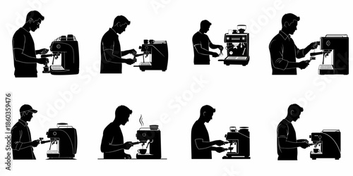 Black Silhouette Collection of Male Baristas Operating Commercial Espresso Machines, Showing Coffee Preparation Process Icons.