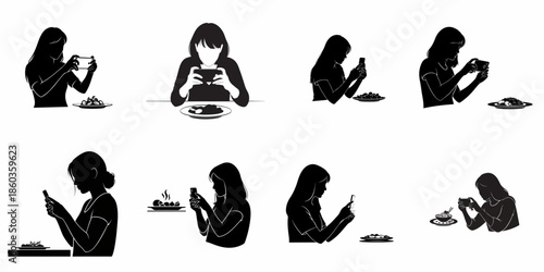 Food photography trend vector set: Silhouettes of women capturing images of their dishes with mobile phones for social media sharing.