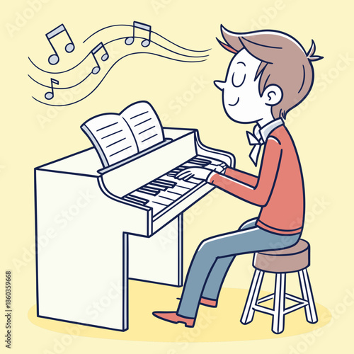 Boy happily playing piano with music notes floating