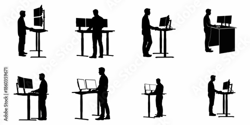 Eight Silhouettes of Men Working at Standing Desks with Multiple Monitors, Illustrating Ergonomic Office Posture and Modern Workspaces.