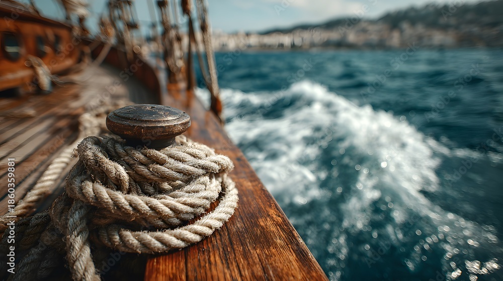 Fototapeta premium Close-up of a nautical rope coiled around a metal cleat on a varnished wooden boat deck with deep blue ocean and coastline in the backdrop.