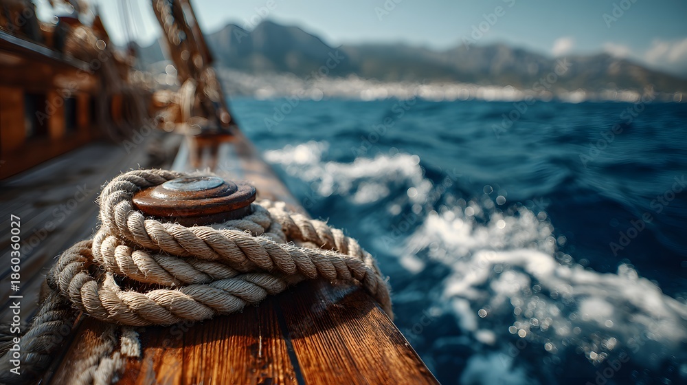 Fototapeta premium Close-up of a nautical rope coiled around a metal cleat on a varnished wooden boat deck with deep blue ocean and coastline in the backdrop.