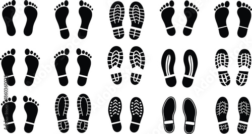 A large collection of various types of human barefoot and shoe prints in black silhouettes