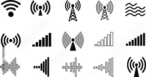 A comprehensive set of communication, antenna, and signal strength icons for web design and applications