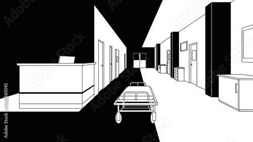 Hospital Corridor Scene Stretcher in a Stark Black and White Setting.