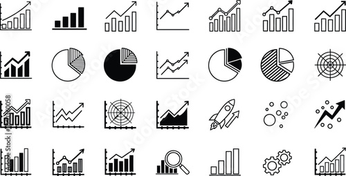 A collection of business analysis and financial data icons for presentations and reports