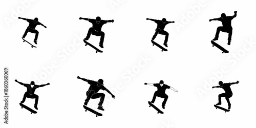 Skateboarder Silhouettes Vector Set: Eight illustrations of extreme action sports stunts, tricks, and mid-air jumps against a clean white background.