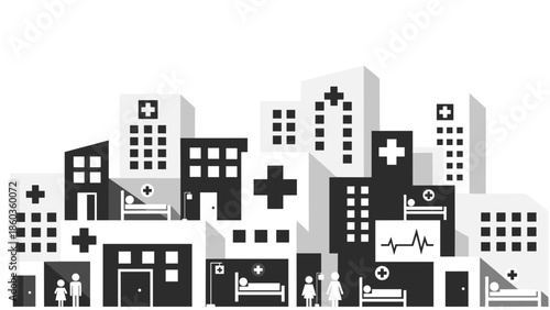 Hospital Buildings and Healthcare Facilities in a Cityscape Illustration.