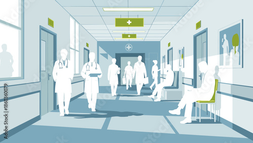 Hospital Hallway Scene with Doctors and Patients Illustration.