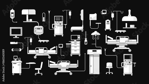 Hospital Equipment Icons Medical Devices and Healthcare Technology.