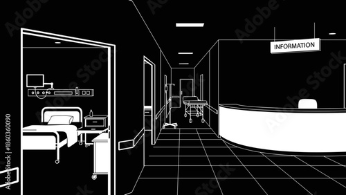 Hospital Interior Illustration Patient Room and Reception Area.