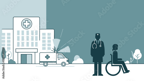Hospital Scene with Doctor Patient and Ambulance Illustration.