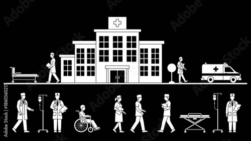 Hospital Scene Illustration with Medical Staff and Ambulance.