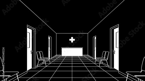 Hospital Waiting Room Perspective Chairs Doors Reception and Cross.