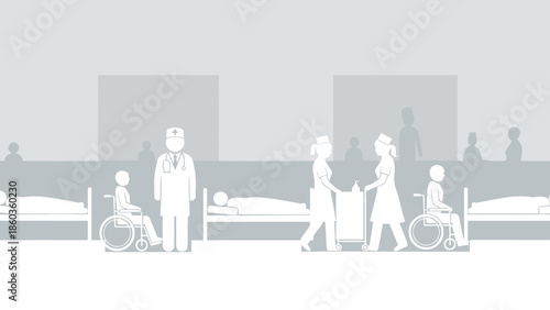 Hospital Ward Scene with Medical Staff and Patients.