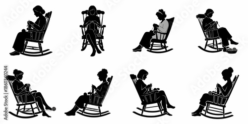 Eight Silhouettes of Women Knitting in Rocking Chairs, Illustrating Leisure, Comfort, and Handcraft Hobby.