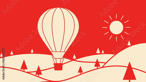 Hot Air Balloon Over Winter Landscape Illustration.