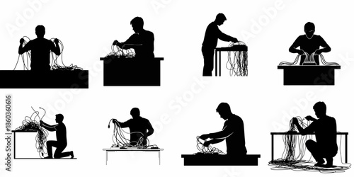 Vector Silhouettes of Men Dealing with Tangled Electrical and Data Cables, Illustrating Setup, Connection, and Cable Management Problems.