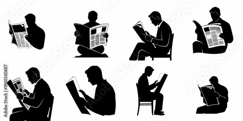 Collection of eight black silhouettes of men reading newspapers, representing daily news, business communication, information consumption, and reading habits.