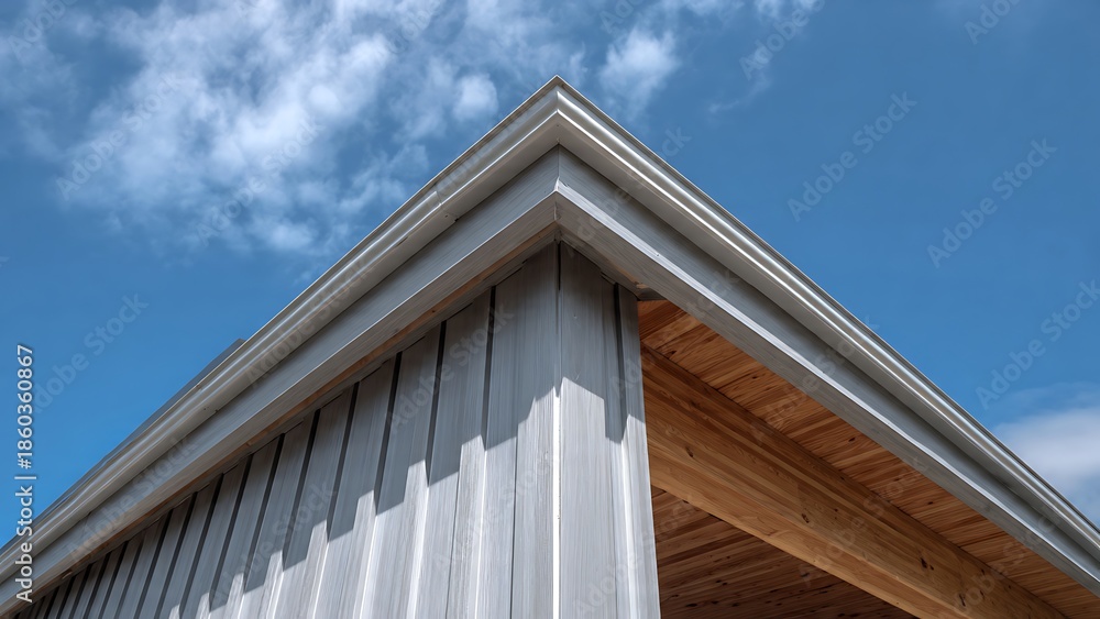 Fototapeta premium Modern Grey Shed Corner Under Bright Blue Sky with Fluffy Clouds