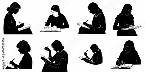 Set of 8 black silhouettes of women writing, studying, and taking notes in notebooks or journals. Vector illustrations.