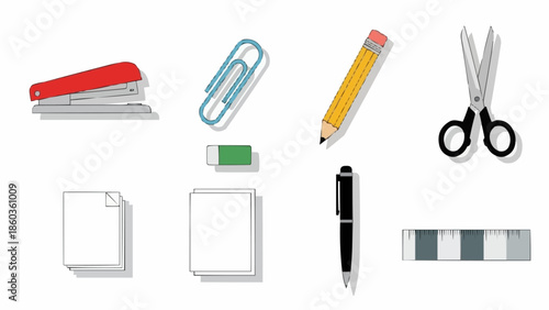 Office Supplies Collection - Stapler, Paperclip, Pencil, Scissors, and More.
