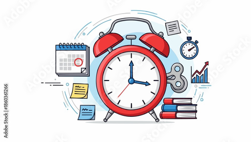 Red Alarm Clock Surrounded by Calendar, Books, and Business Charts.